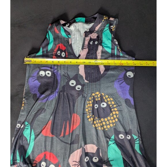 NWT Micoson Pleat Neck Sleeveless Women Size S Top V Neck Black with Cat Print - Picture 5 of 10